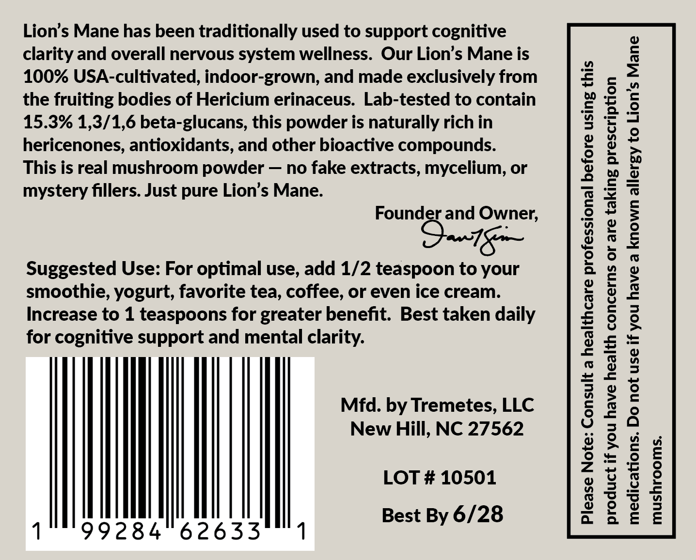 Tremetes Lion's Mane Fruiting Body Powder | 15.3% Beta-Glucans (Lab Verified) | No Extracts, No Fillers, No Additives | Supports Overall Brain Function and Nervous System Health