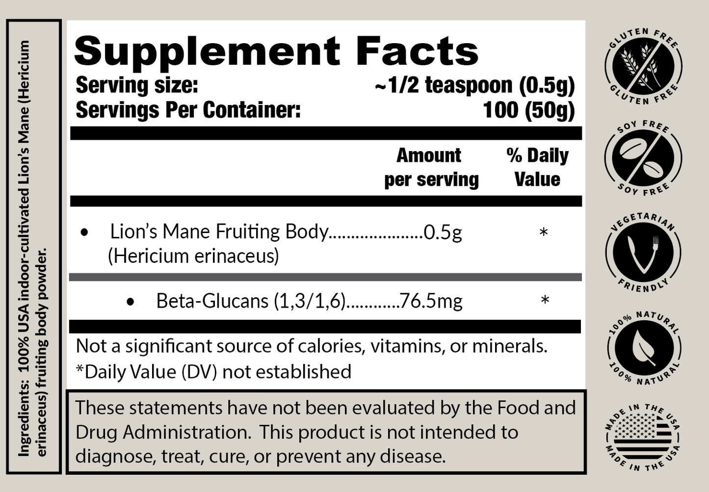 Tremetes Lion's Mane Fruiting Body Powder | 15.3% Beta-Glucans (Lab Verified) | No Extracts, No Fillers, No Additives | Supports Overall Brain Function and Nervous System Health